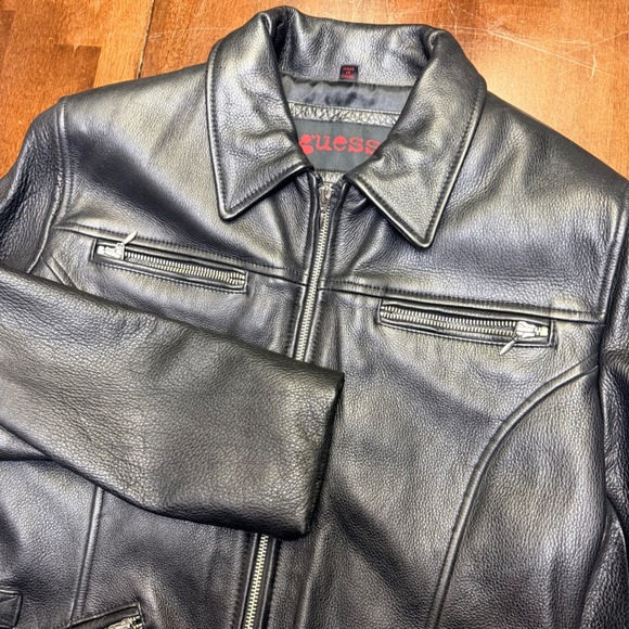 Vintage Guess Leather Jacket Womens Medium Black Moto Biker Full Zip Pebbled Y2K